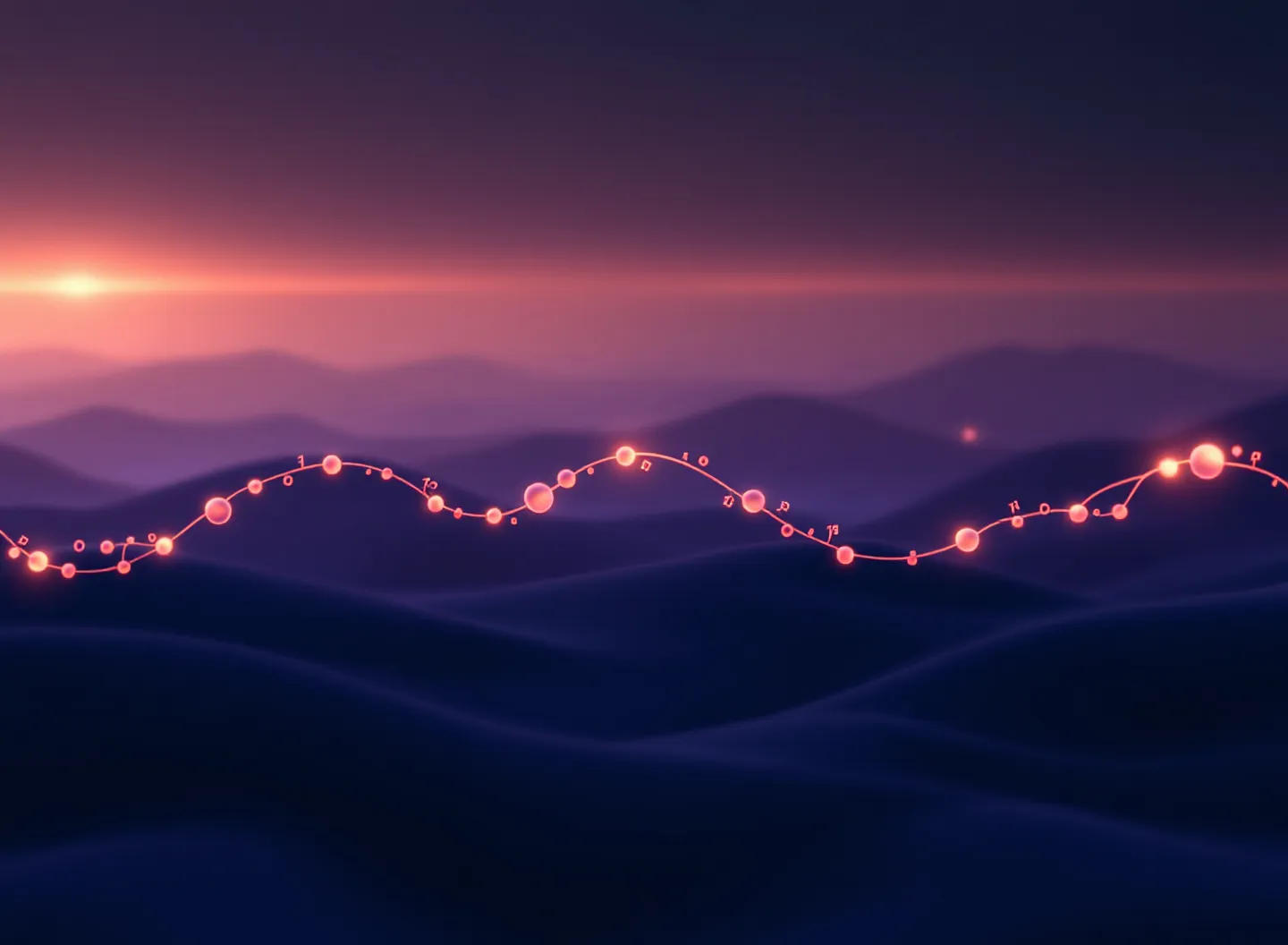 Cinematic dusk-gradient editorial illustration of an abstract peptide-chain constellation with luminous blush nodes ending at an albumin sphere
